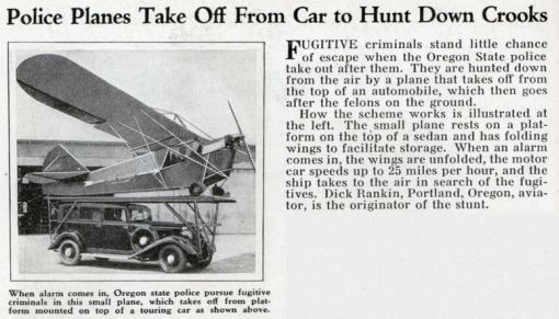 Lainpuolustuksen mennyt tulevaisuus: Auton katolta lentoon lähtevä poliisilentokone