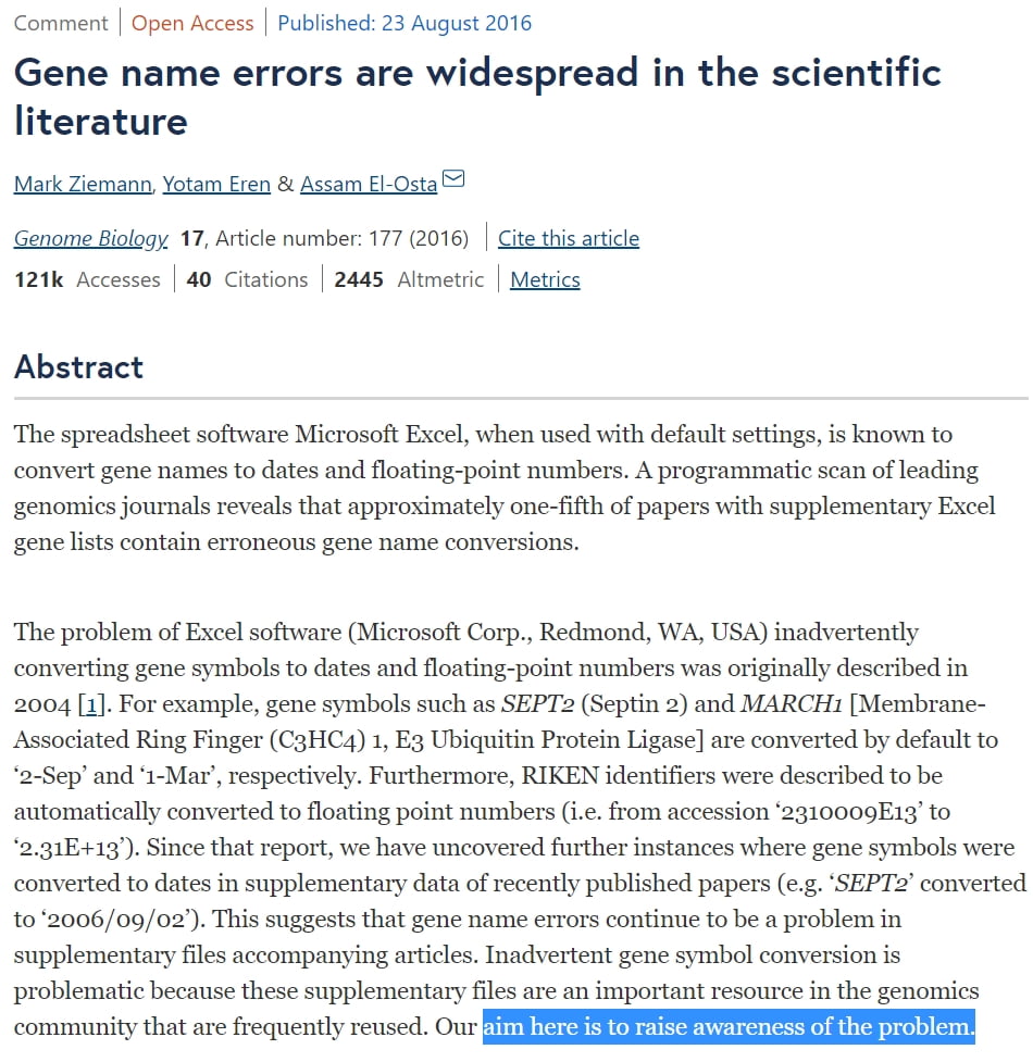 Kuvakaappaus Tutkimuksesta - Gene name errors are widespread in the scientific literature