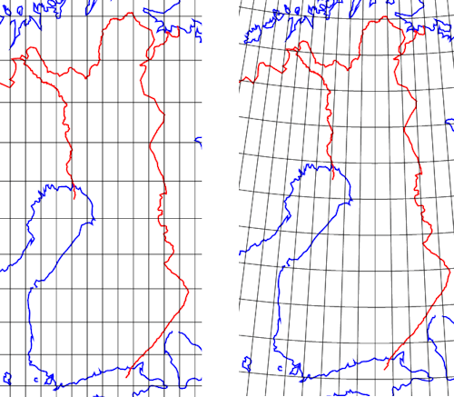 Suomi kuvattuna Mercator-projektiossa (vasemmalla) ja Gauss-Krüger-projektiossa (oikealla). Leveys- ja pituusasteruudukko piirretty asteen välein.
