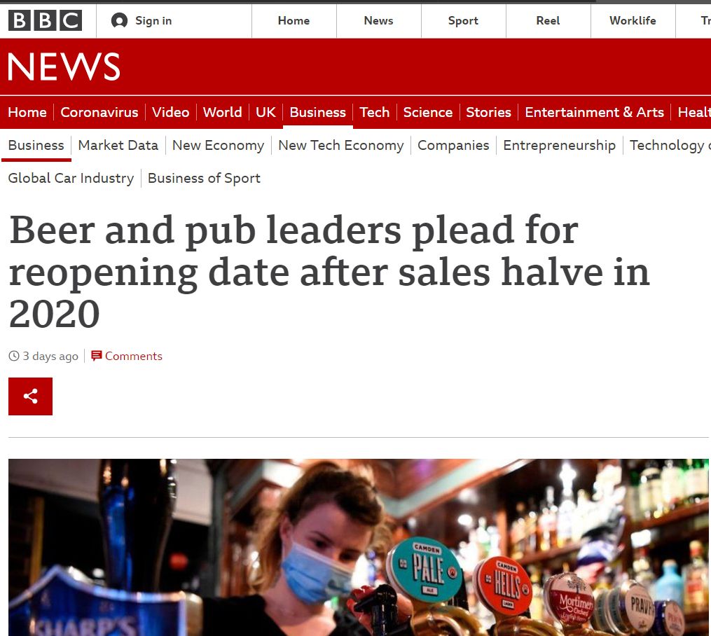 Beer and pub leaders plead for reopening date after sales halve in 2020