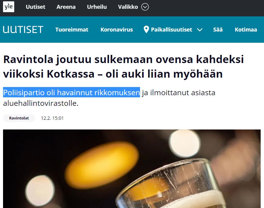 Ravintola joutuu sulkemaan ovensa kahdeksi viikoksi Kotkassa – oli auki liian myöhään