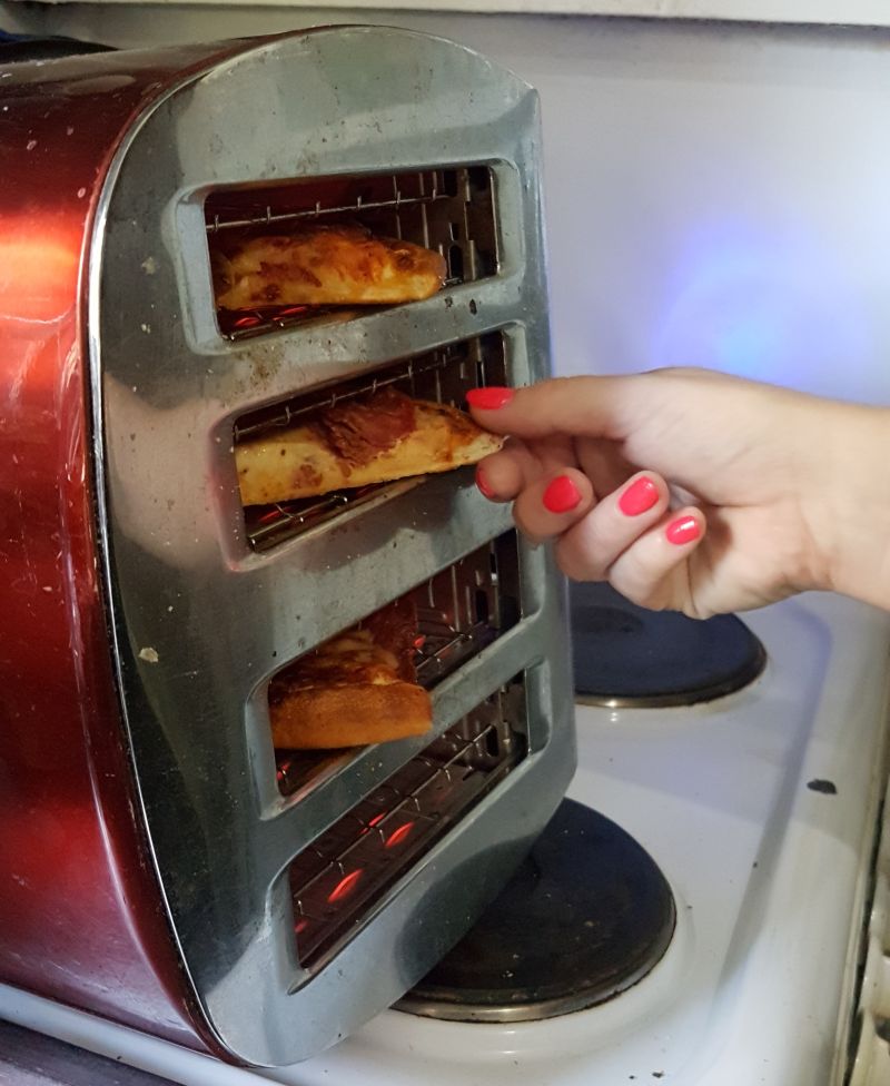 Reheat pizza in a sideways toaster